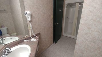 Baño con dos lavabos, un secador de pelo y una ducha.