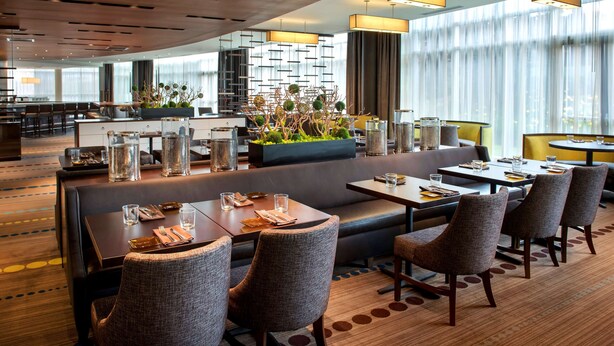 A modern hotel lobby with a central seating area, large windows, and contemporary furnishings. - Hyatt Regency Pittsburgh International Airport (Pittsburgh)