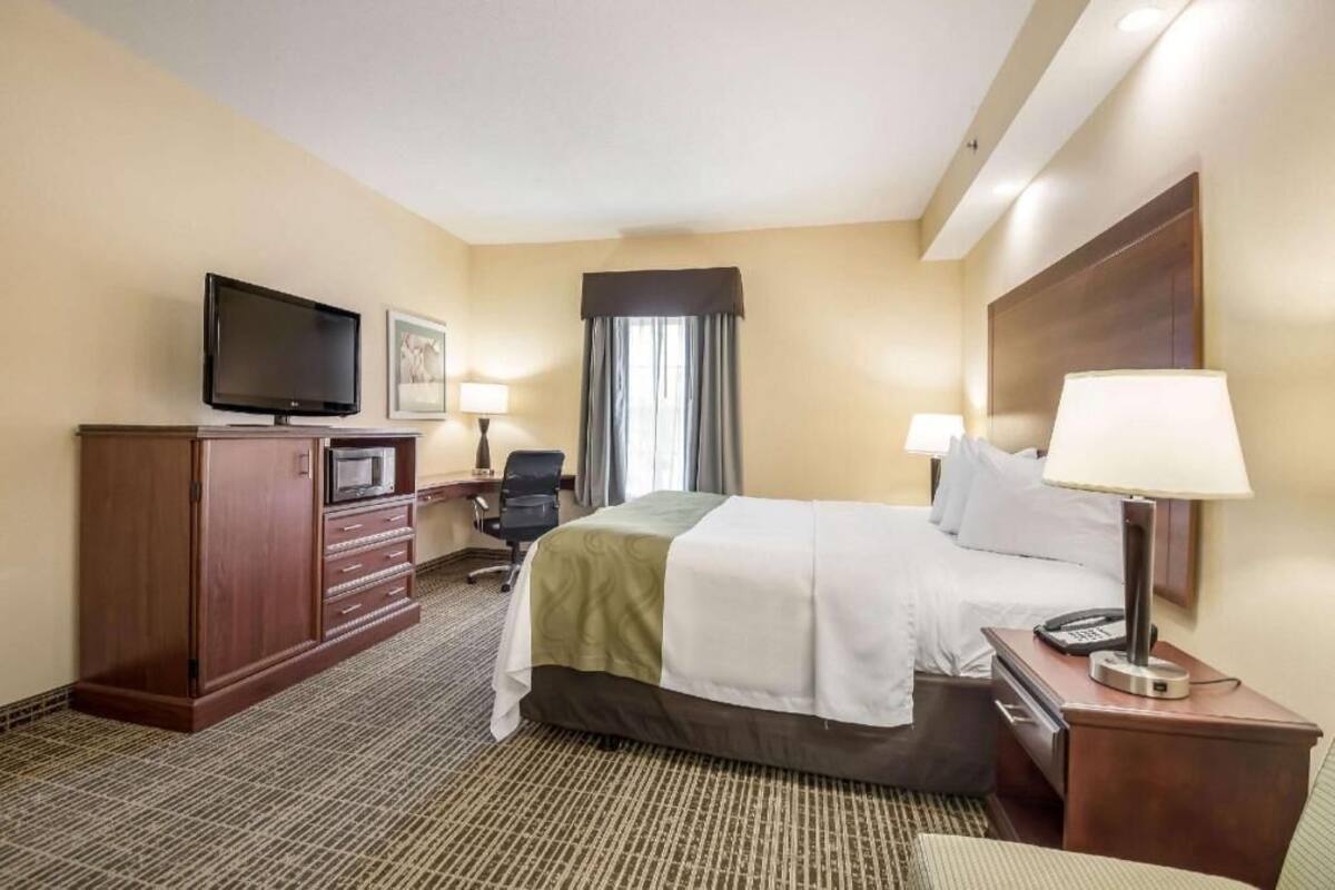 A hotel room with a bed, a TV, a desk, a chair, and a lamp.