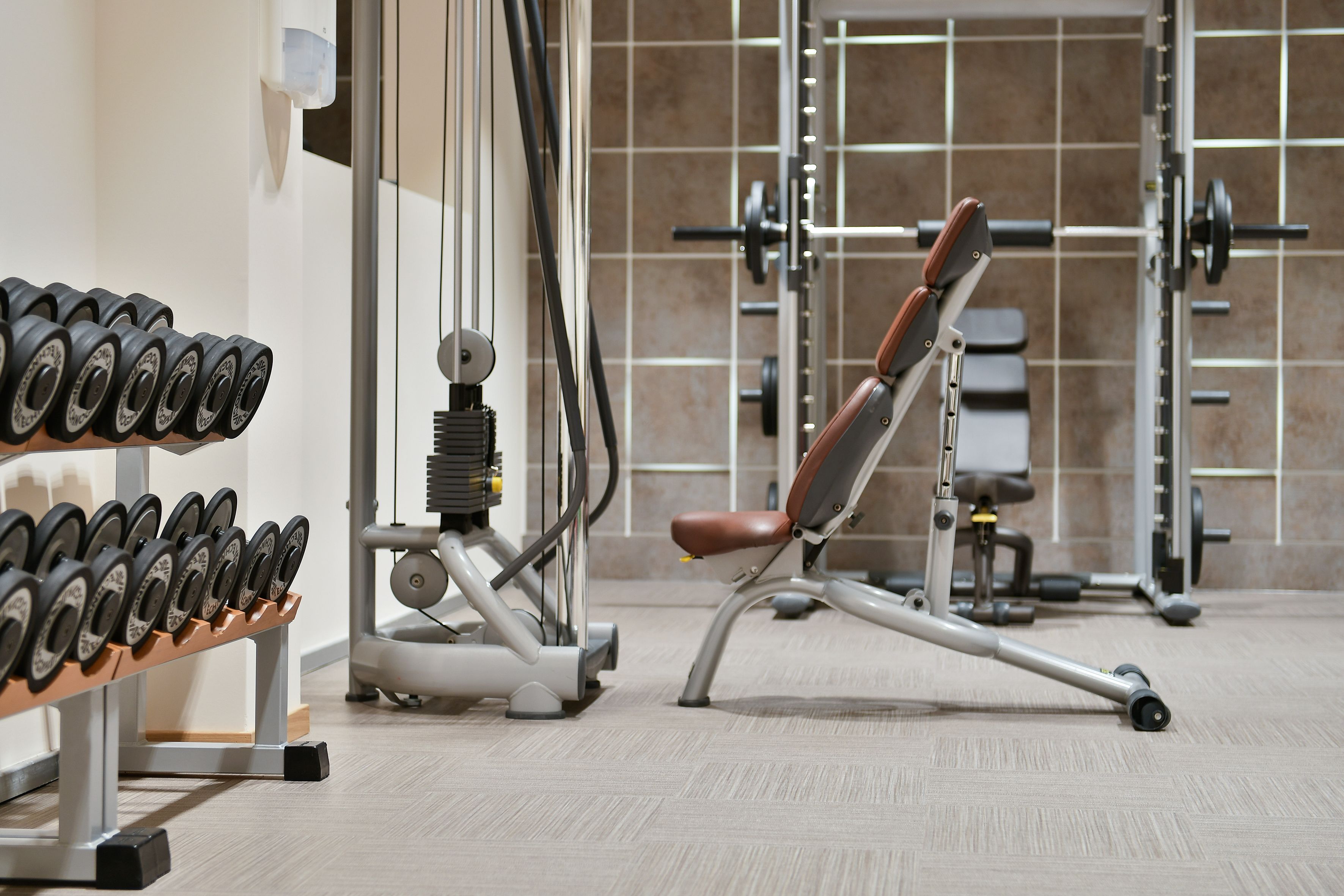 A gym with weightlifting equipment, including dumbbells and a bench.