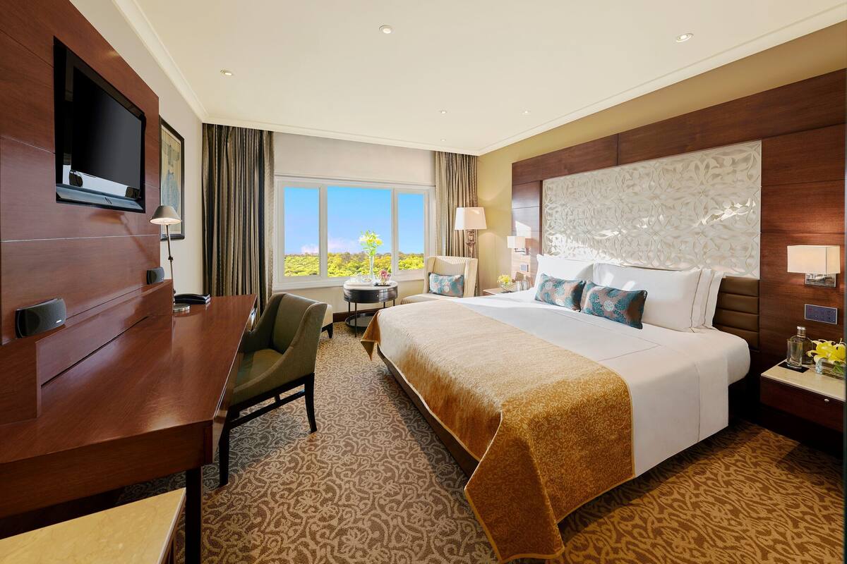 A hotel room with a large bed, a desk, a chair, a TV, and a window with a view.