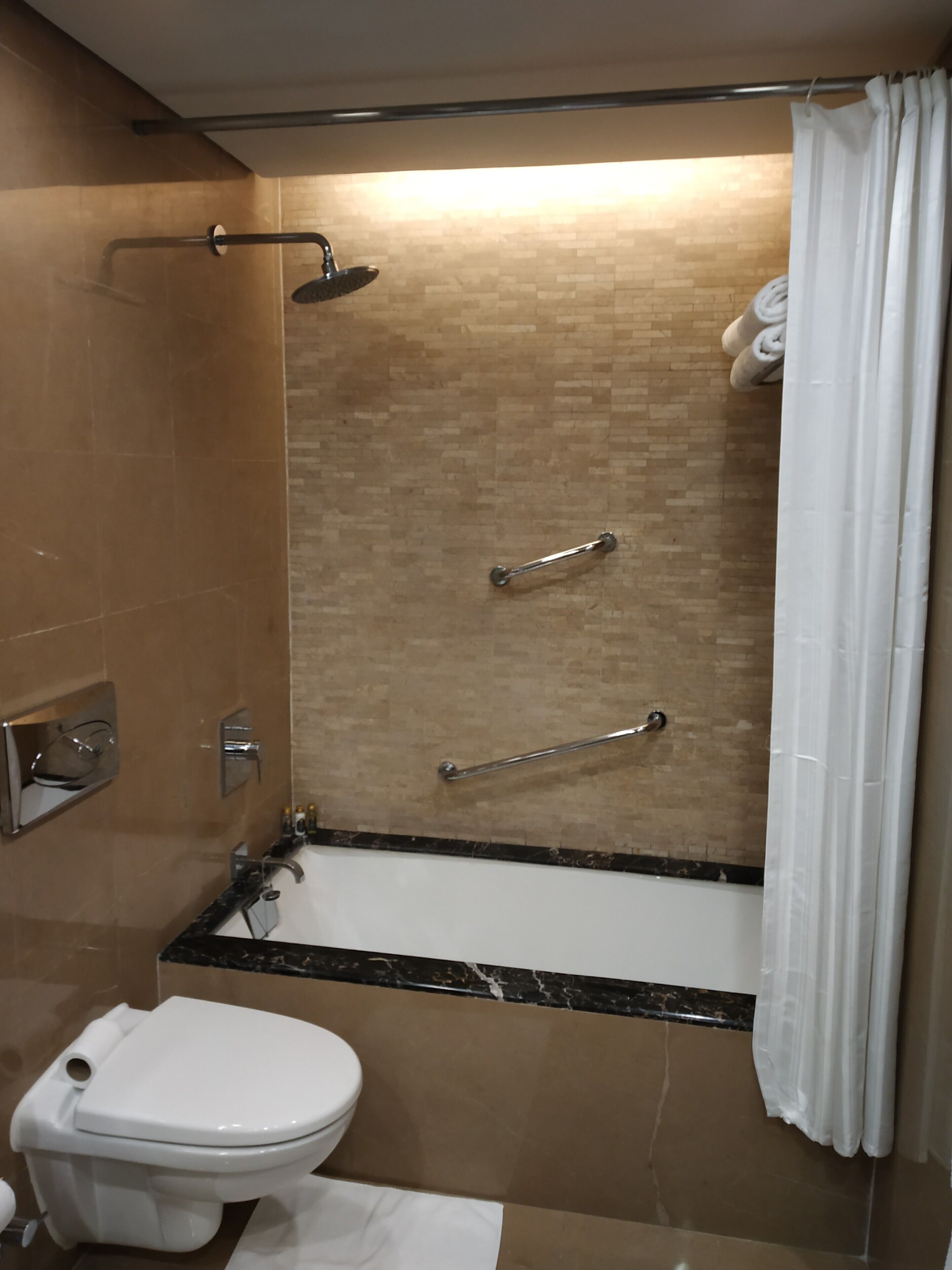 A modern bathroom with a shower, toilet, and handrails.