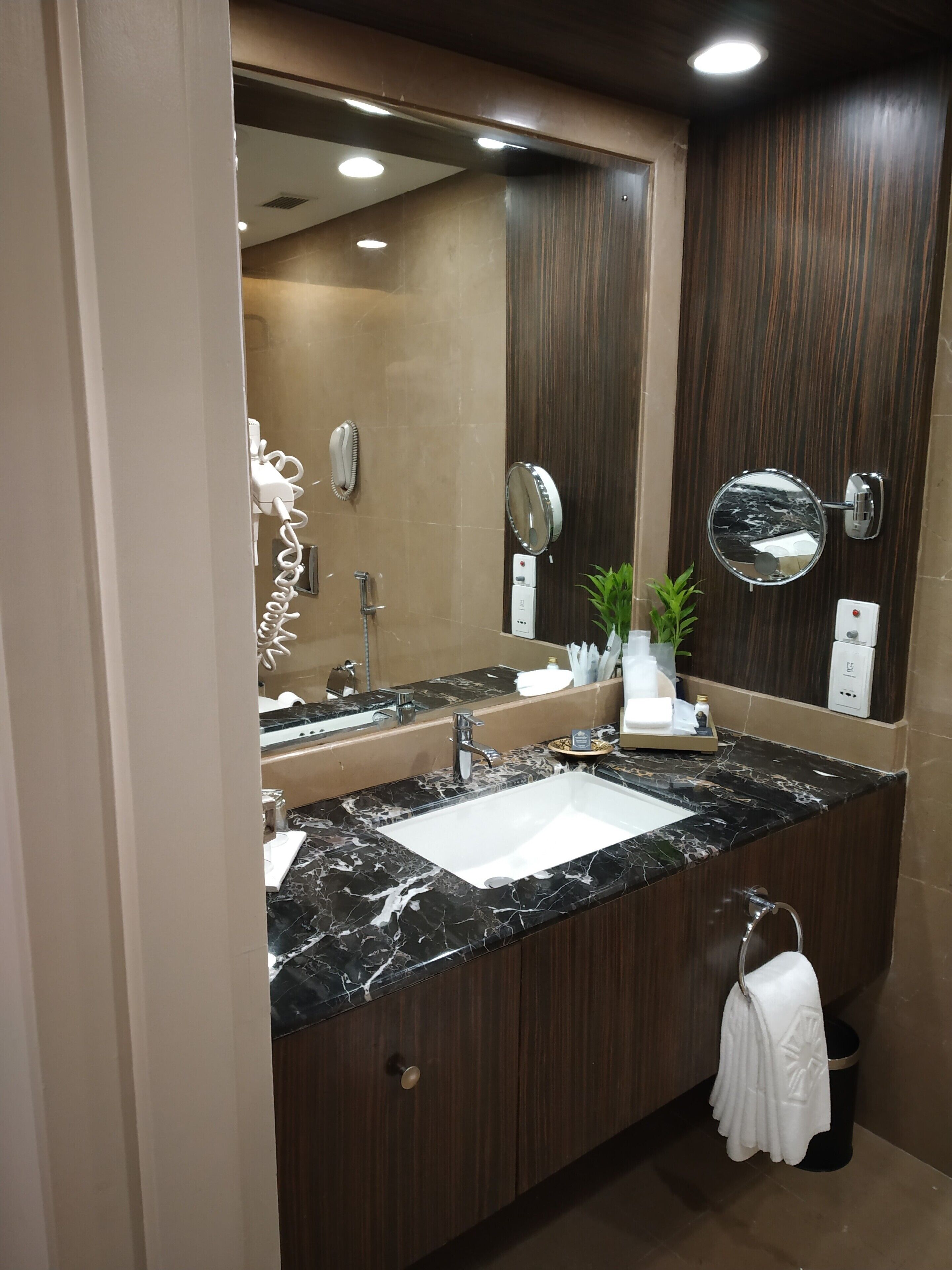 Un baño moderno con lavamanos de mármol, un espejo grande y un perchero para toallas.