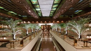 A corridor with a reflective floor, palm trees, and a ceiling with green lighting.