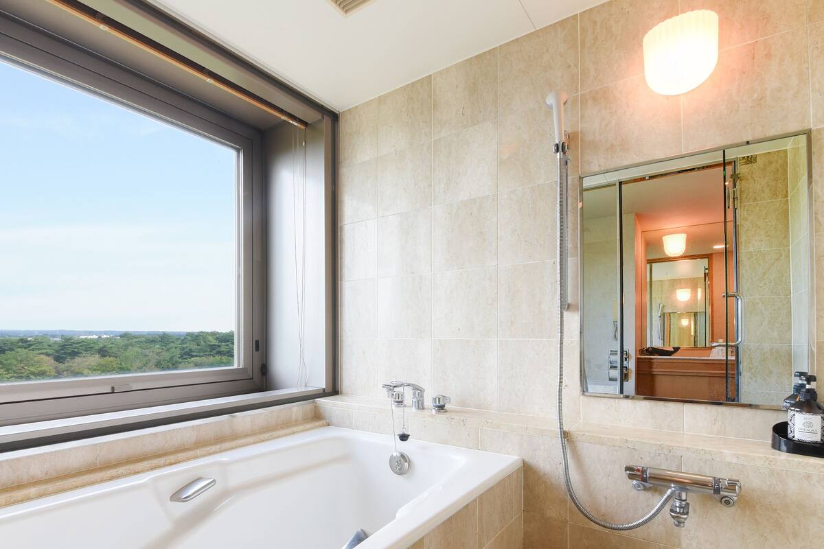 combined shower/bathtub, deep-soaking bathtub, hair dryer, slippers