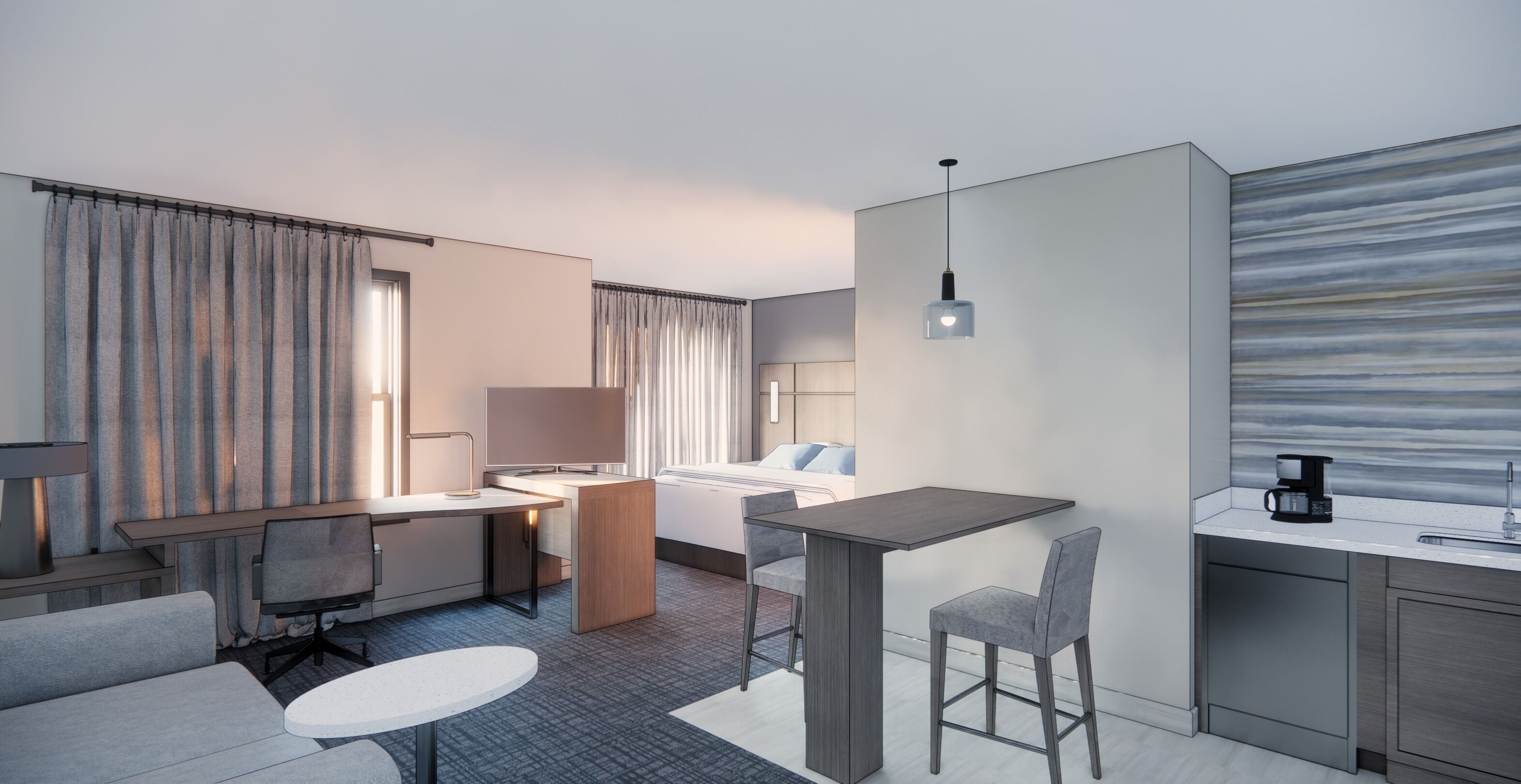 premium bedding, pillow-top beds, desk, laptop workspace