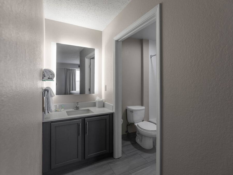 A modern bathroom with a large mirror, a sink, and a toilet.