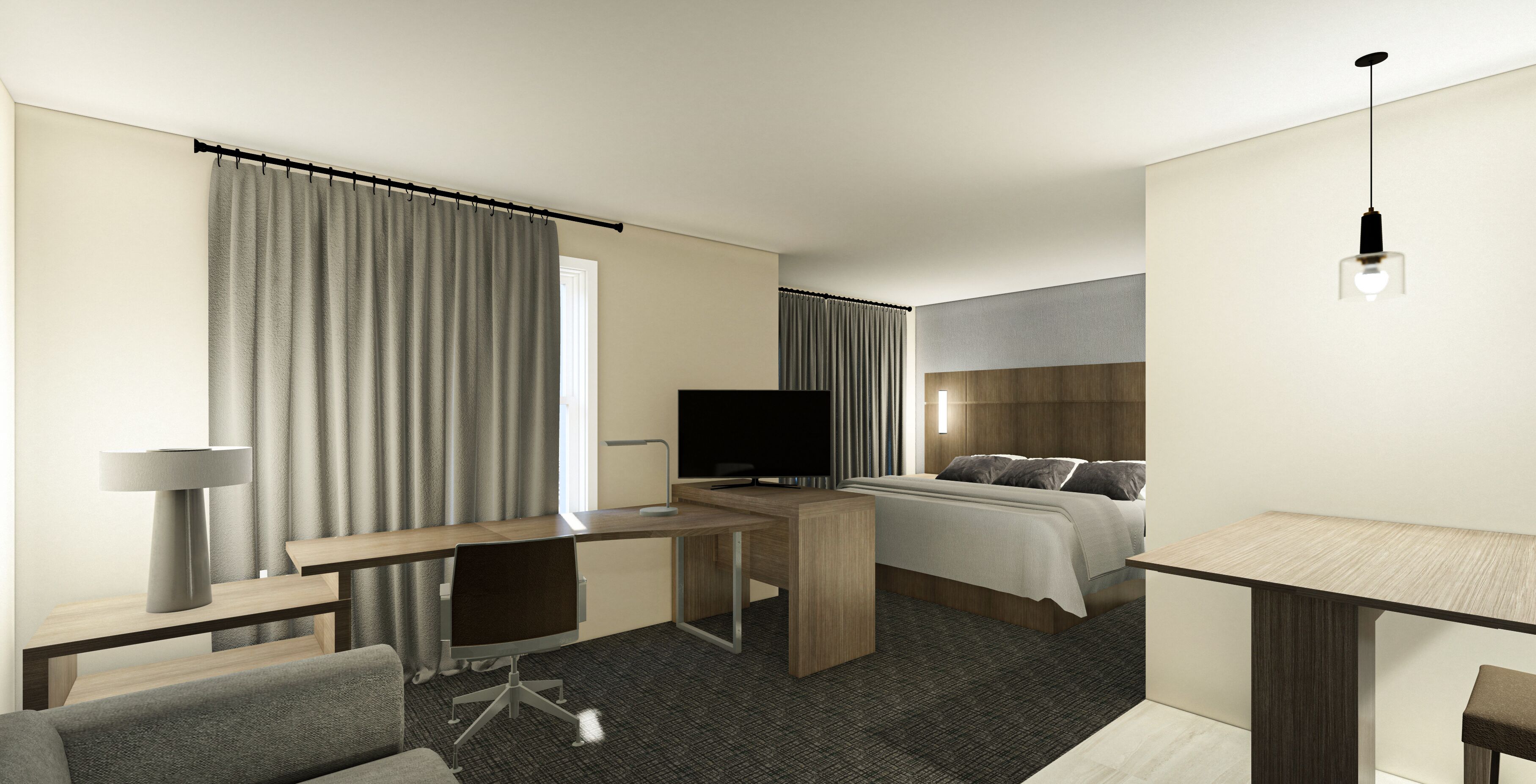 premium bedding, pillow-top beds, desk, laptop workspace