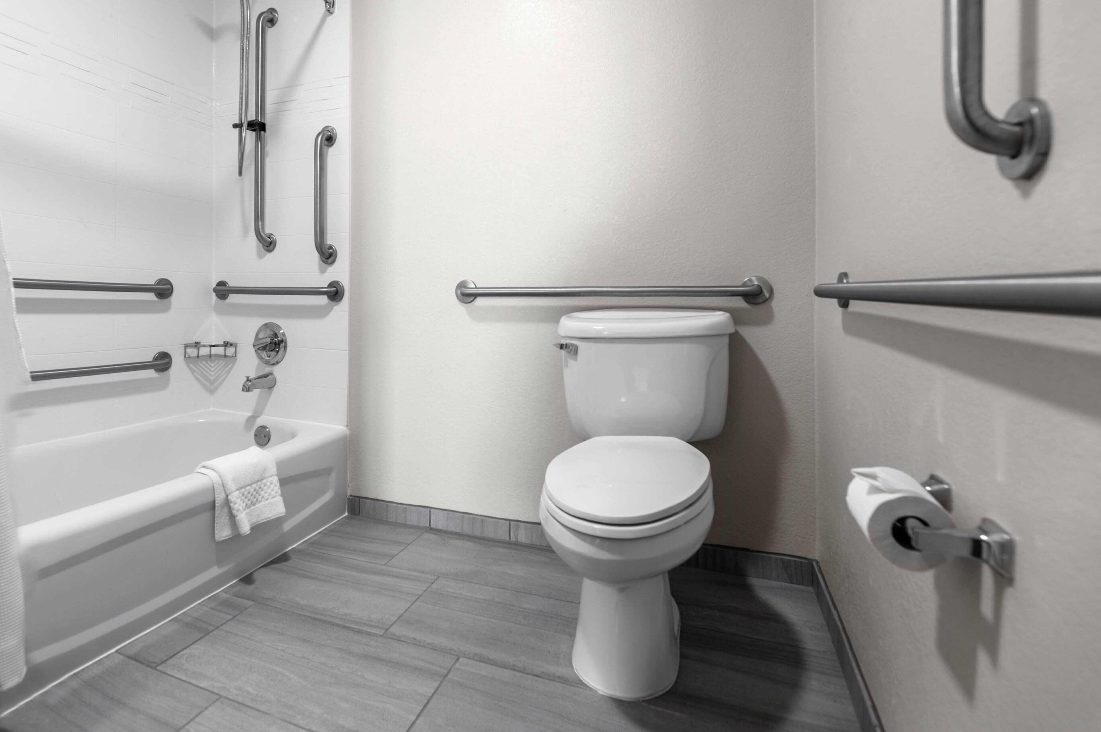 A modern bathroom with a white bathtub, toilet, and handrails.
