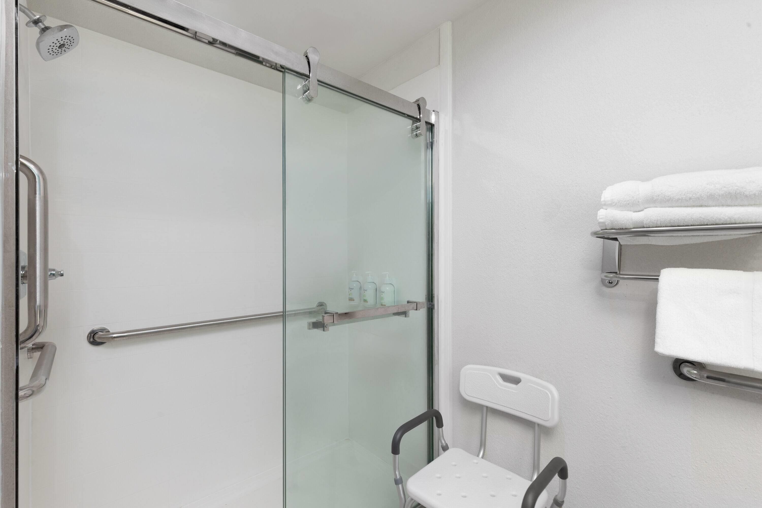 A shower with a glass door, a handrail, and a shelf with toiletries.