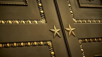 A close-up of a door with decorative star-shaped studs and intricate molding.