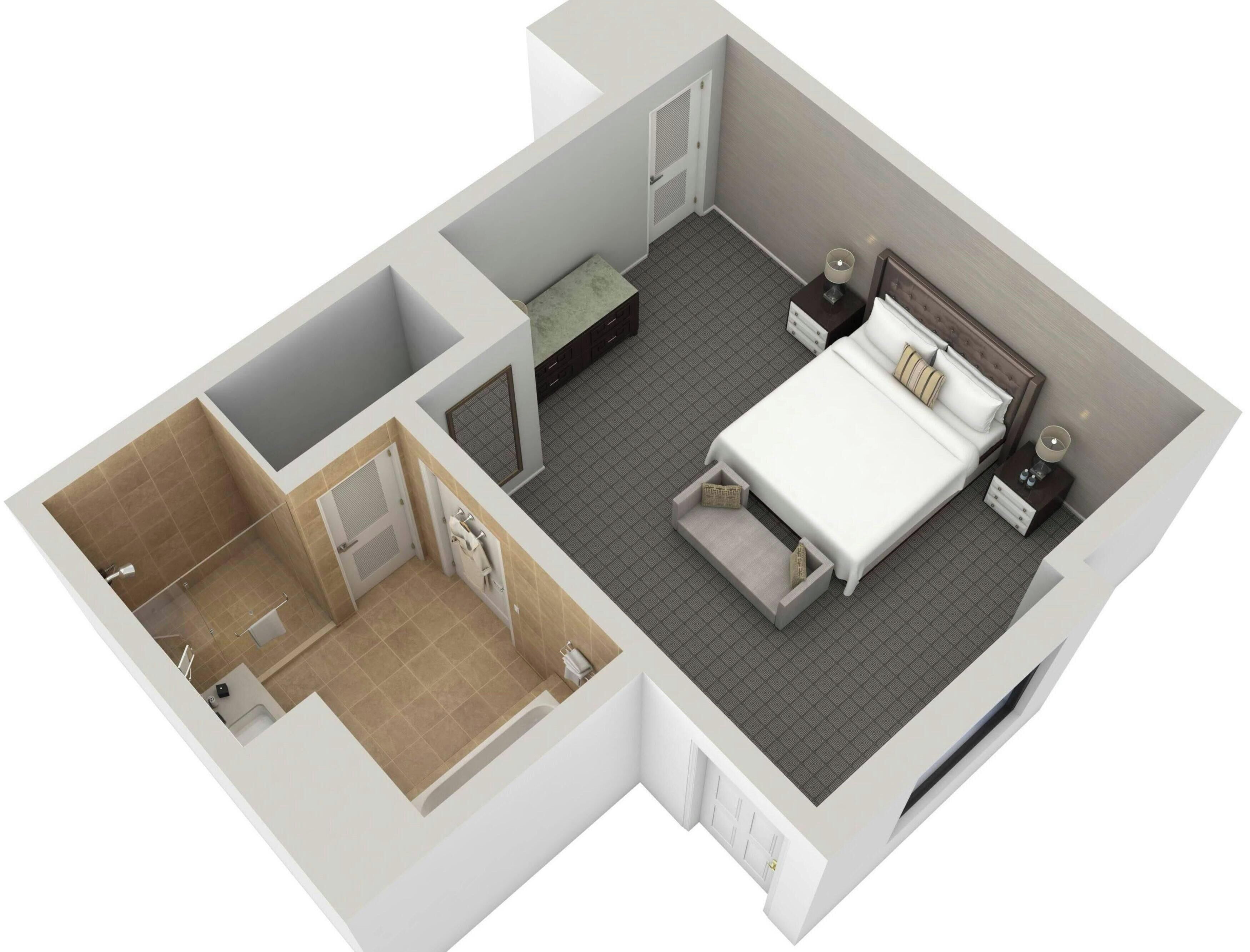 A 3D model of a hotel room with a bed, bedside tables, a bathroom, and a small sitting area.