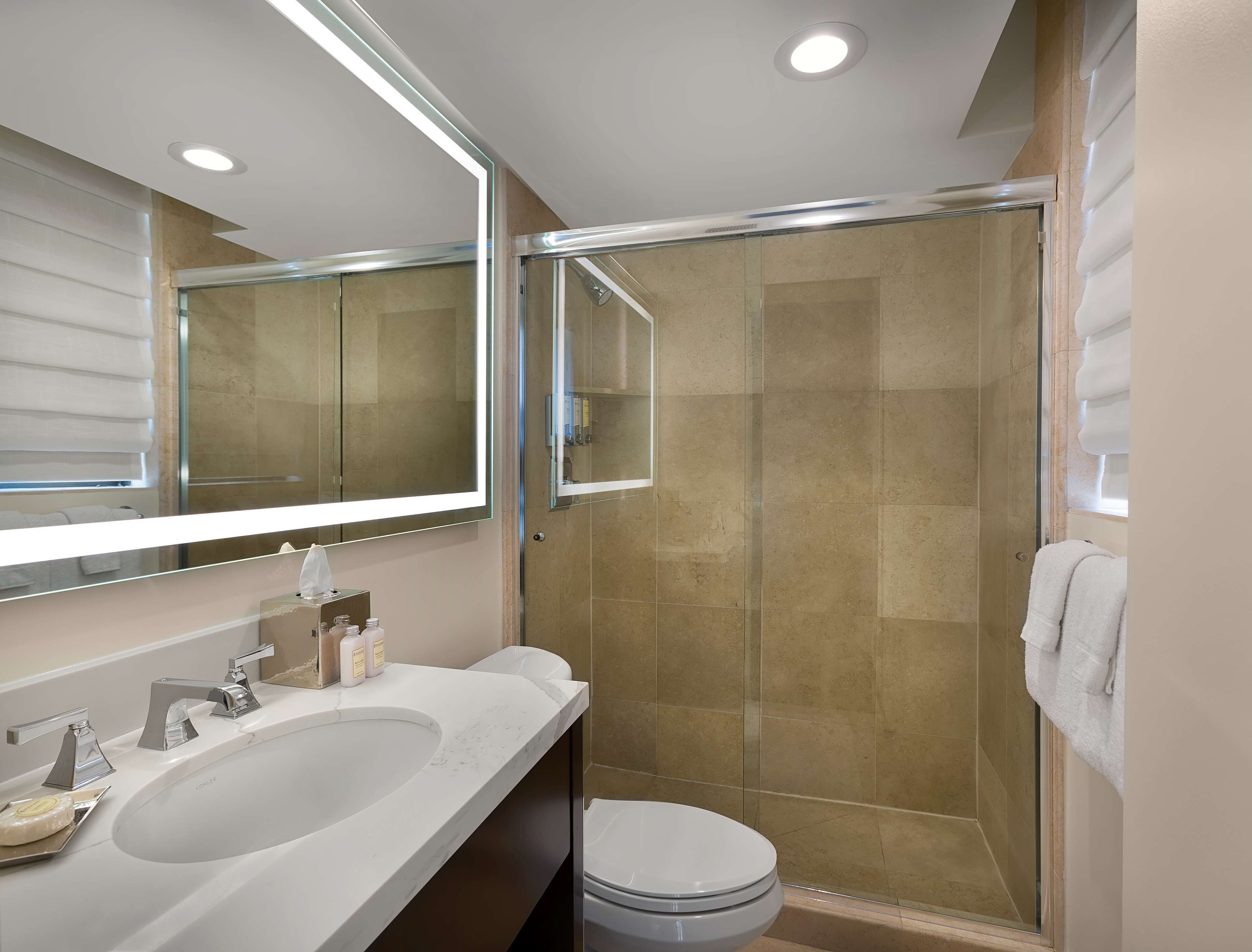 A modern bathroom with a large sink, a toilet, and a glass-enclosed shower.