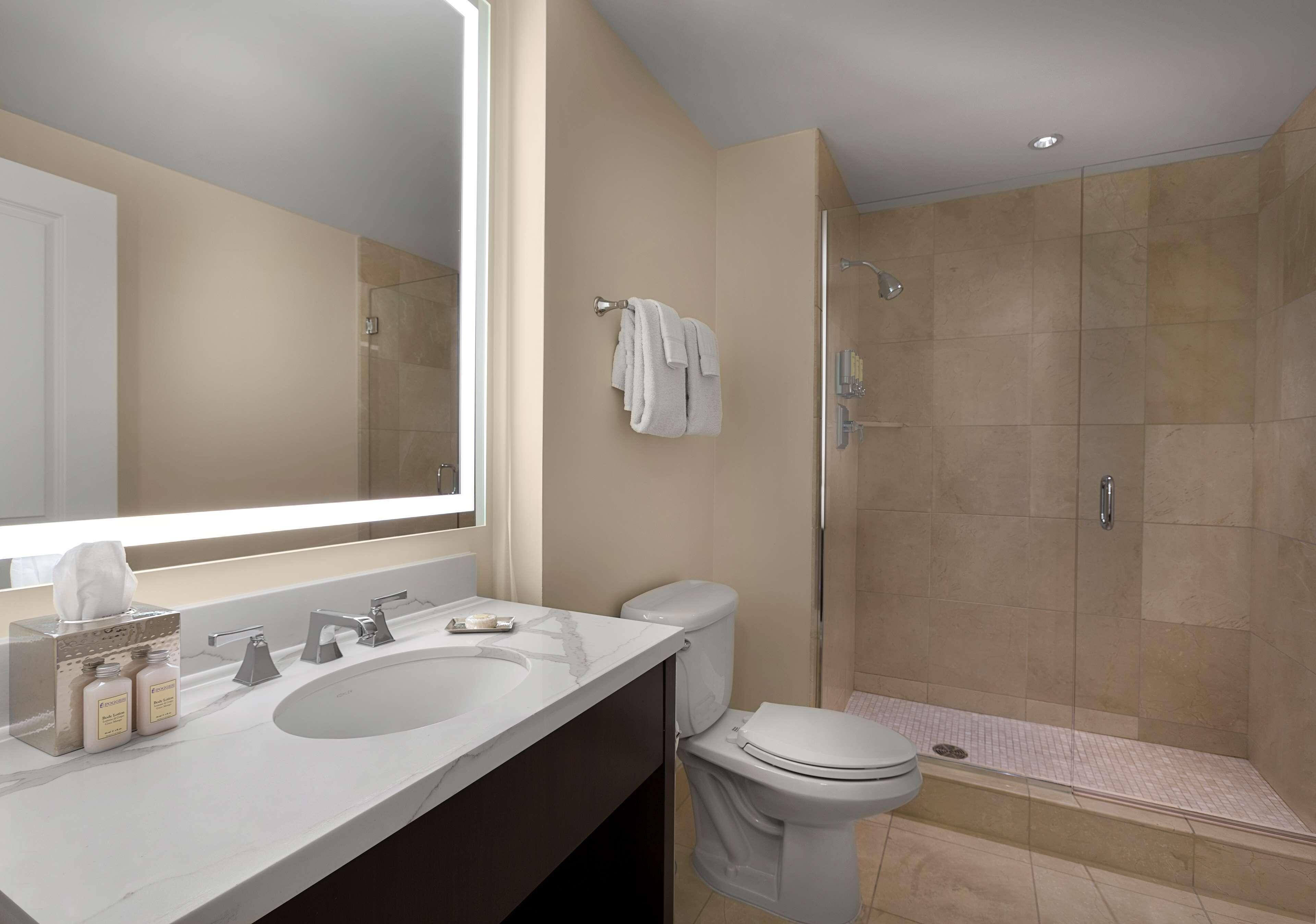 A modern bathroom with a large mirror, two sinks, a toilet, and a walk-in shower.