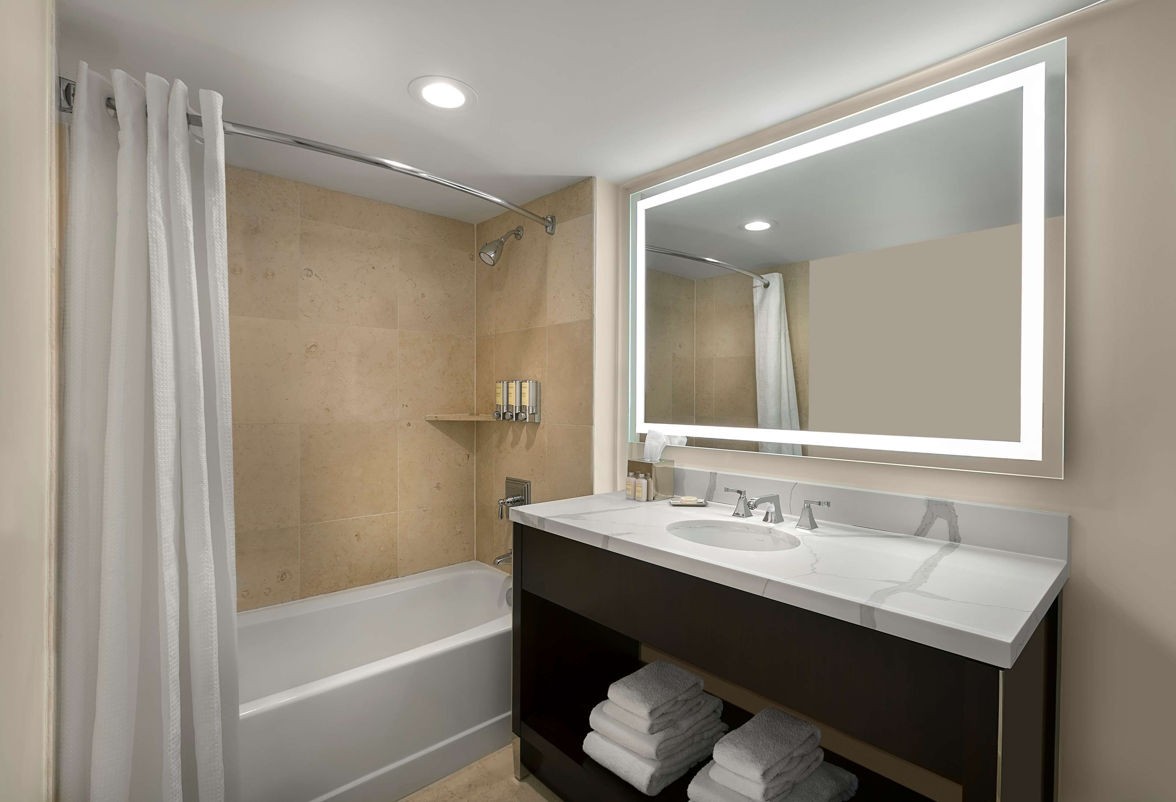 deluxe room, 1 queen bed (chase) | bathroom | combined shower/bathtub, designer toiletries, hair dryer, towels