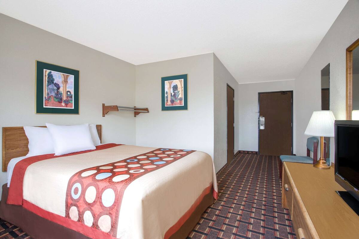 Habitación de hotel con una cama, televisión, escritorio y dos cuadros en la pared.