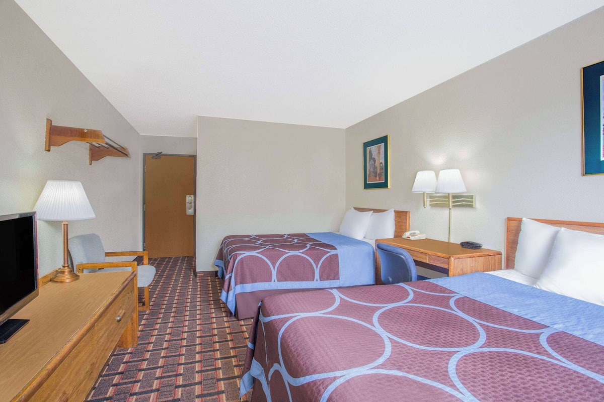 Habitación de hotel con dos camas, un escritorio con lámpara, televisión y alfombra estampada.