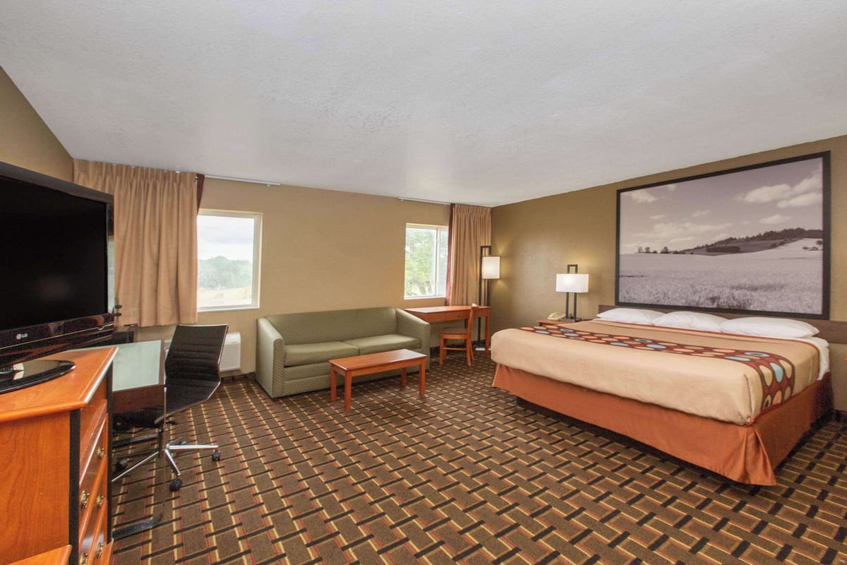 A hotel room with a bed, a desk, a television, a sofa, and a large window.