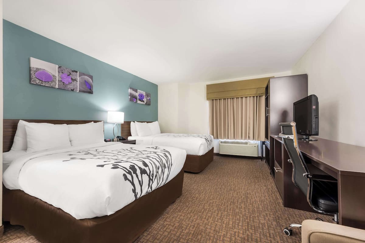 A hotel room with two beds, a desk with a TV, a desk lamp, and artwork on the wall.