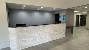 Una zona de recepción con mostrador de textura de piedra, luces empotradas en el techo y un diseño limpio y moderno.