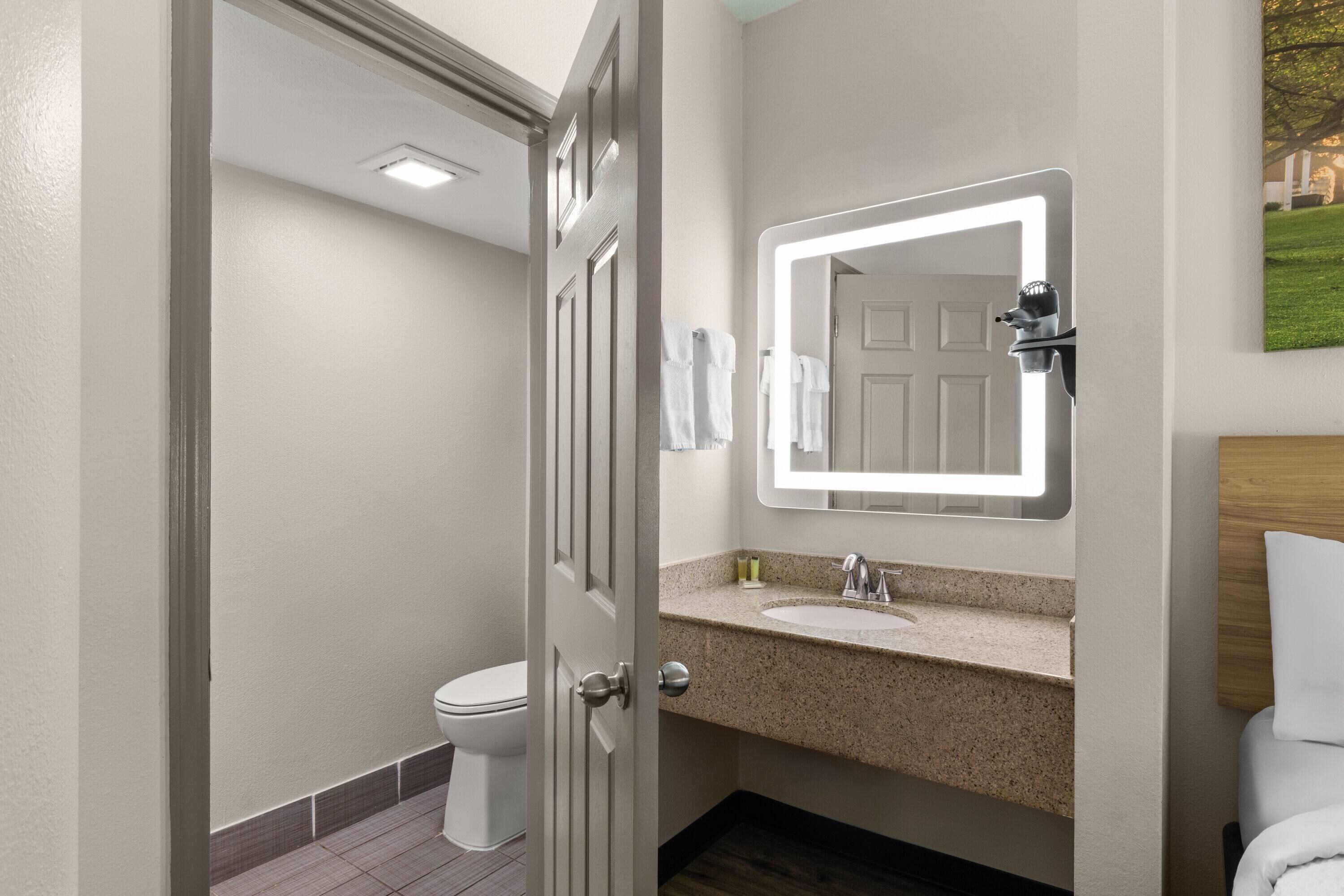 A bathroom with a toilet, a sink with a mirror, and a shower area.