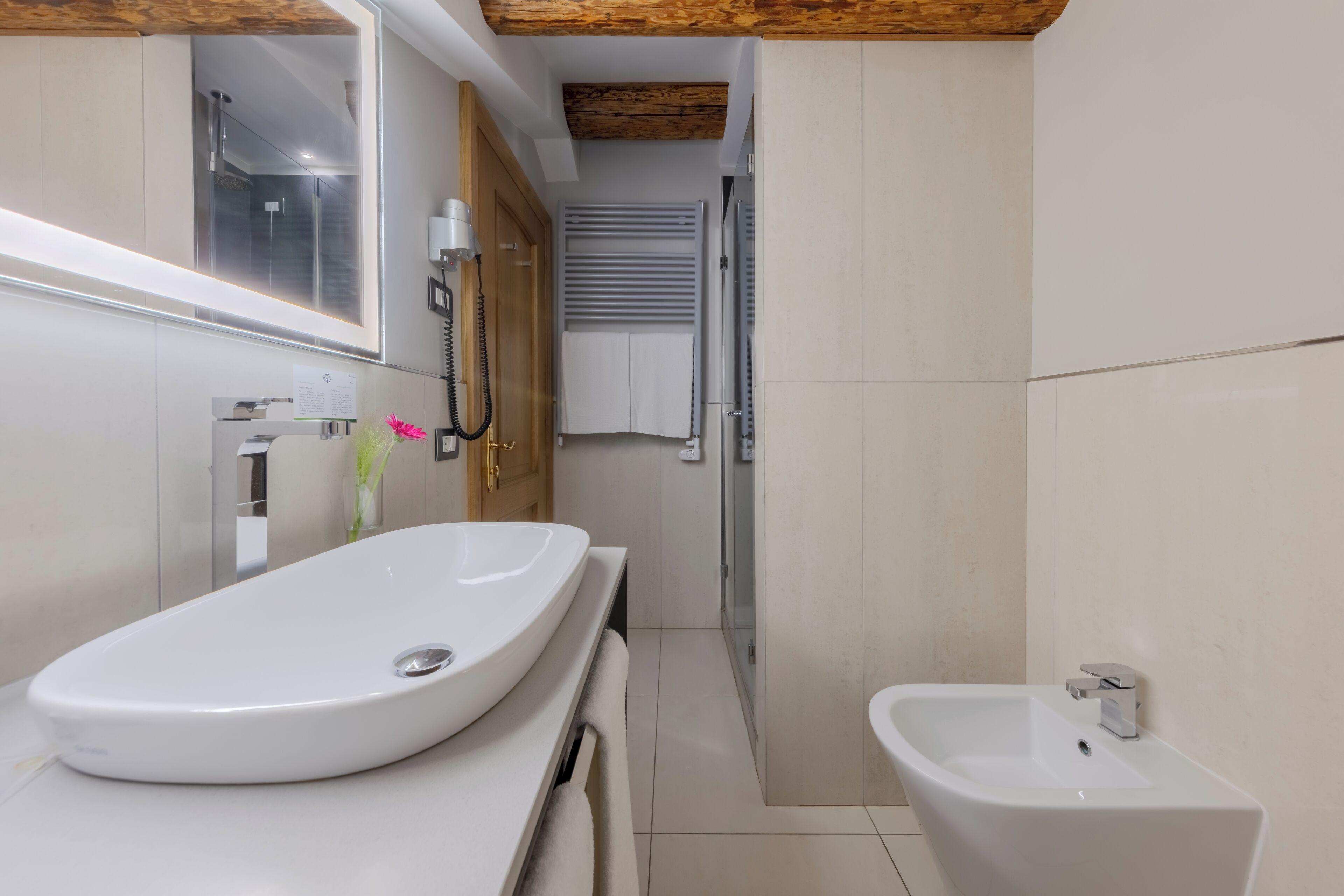 A modern bathroom with a large oval sink, a separate bidet, and a glass shower enclosure.