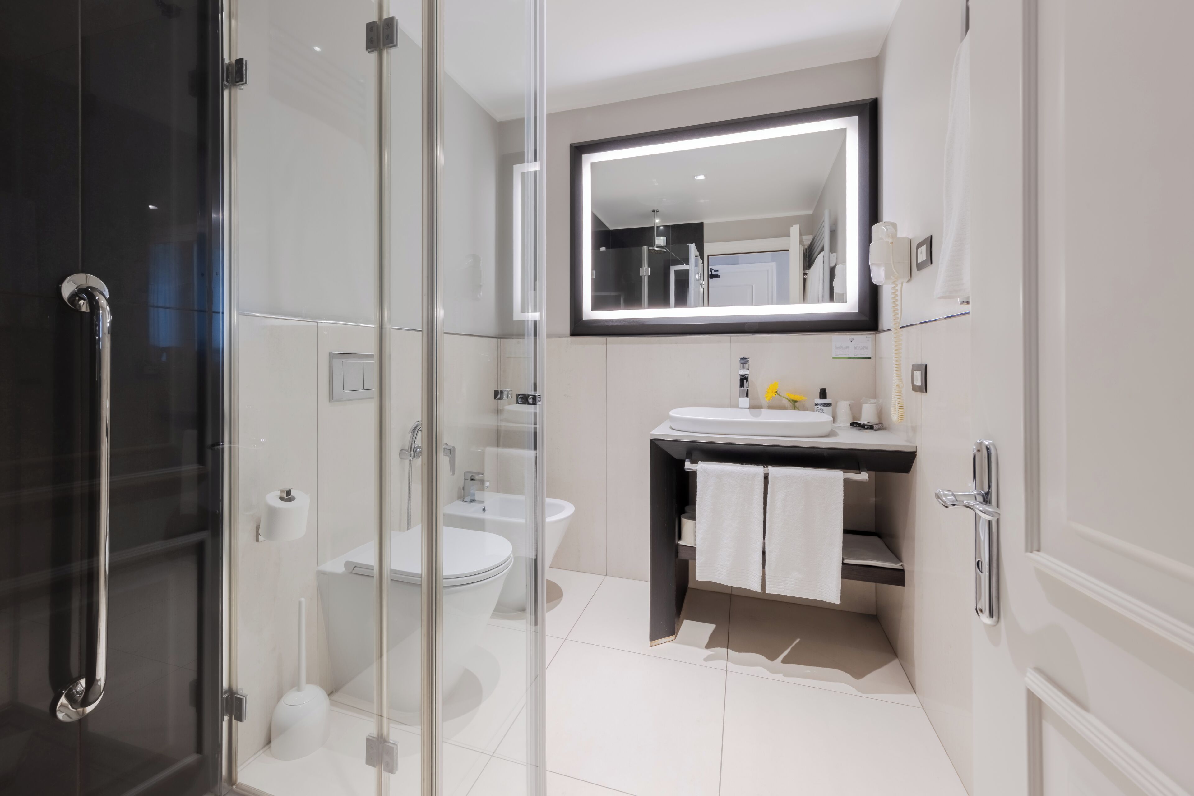 A modern bathroom with a glass shower enclosure, a toilet, a bidet, and a vanity with a mirror.