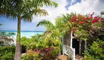 Na praia, areia branca, espreguiçadeiras, guarda-sóis 
