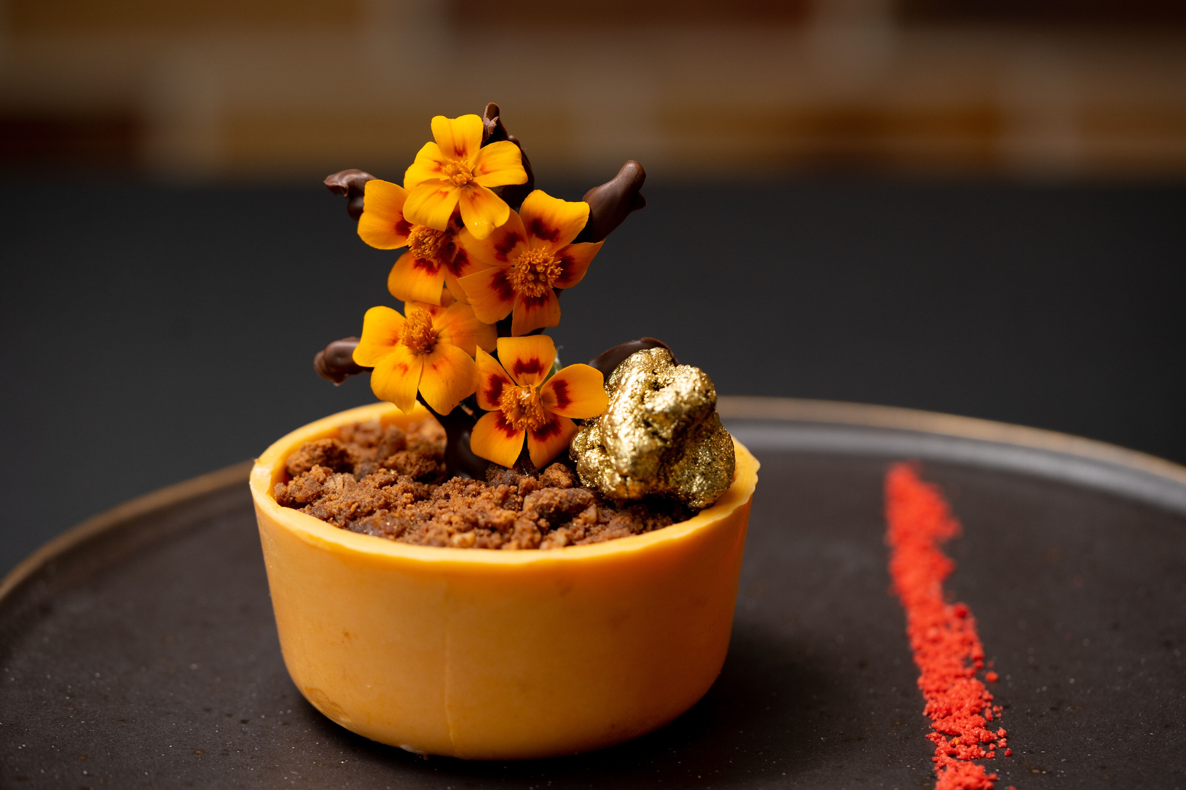 A small yellow pot containing a plant with yellow flowers and a chocolate piece on a dark surface.