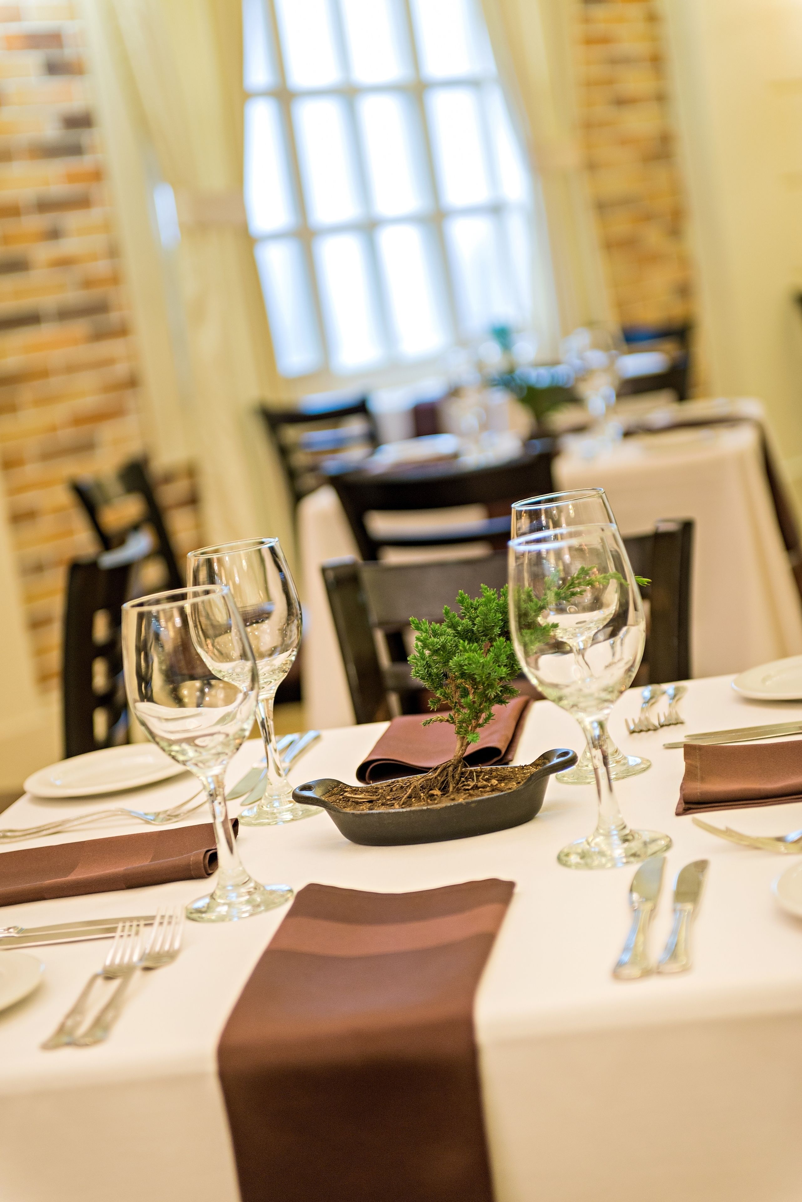 Una mesa de comedor dispuesta con copas de vino, una planta pequeña y cubiertos.