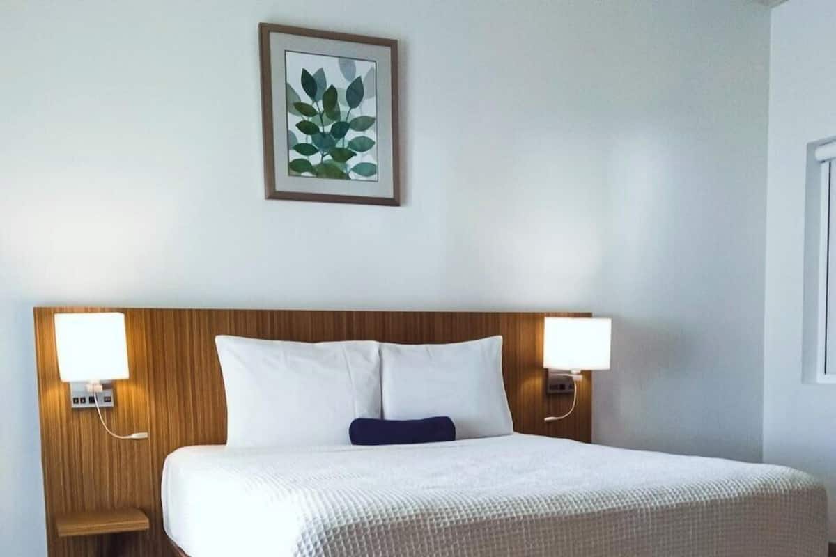 Une chambre d’hôtel avec une tête de lit en bois, un couvre-lit blanc, deux lampes de chevet et une plante décorative accrochée au mur.