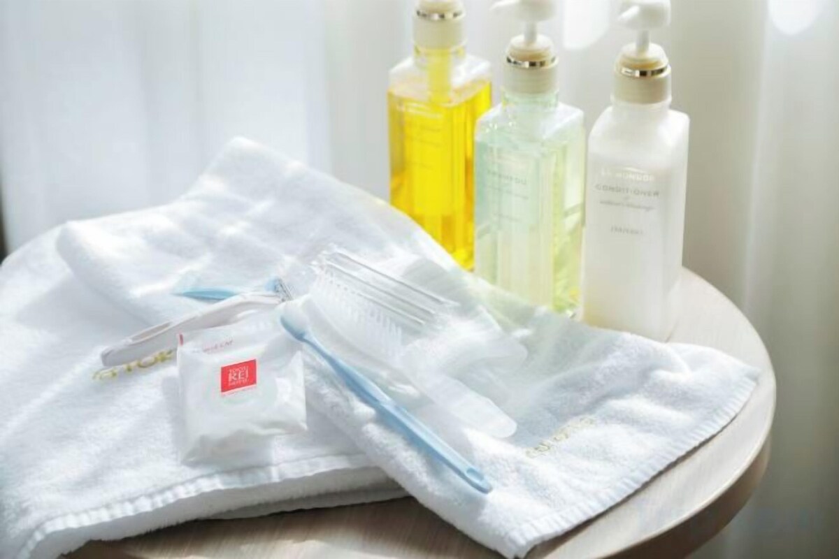 Combined shower/tub, free toiletries, hair dryer, slippers