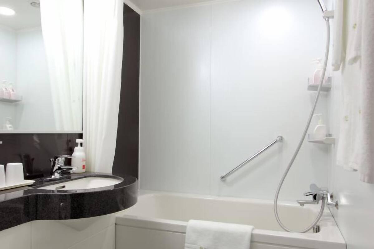 Combined shower/tub, free toiletries, hair dryer, slippers