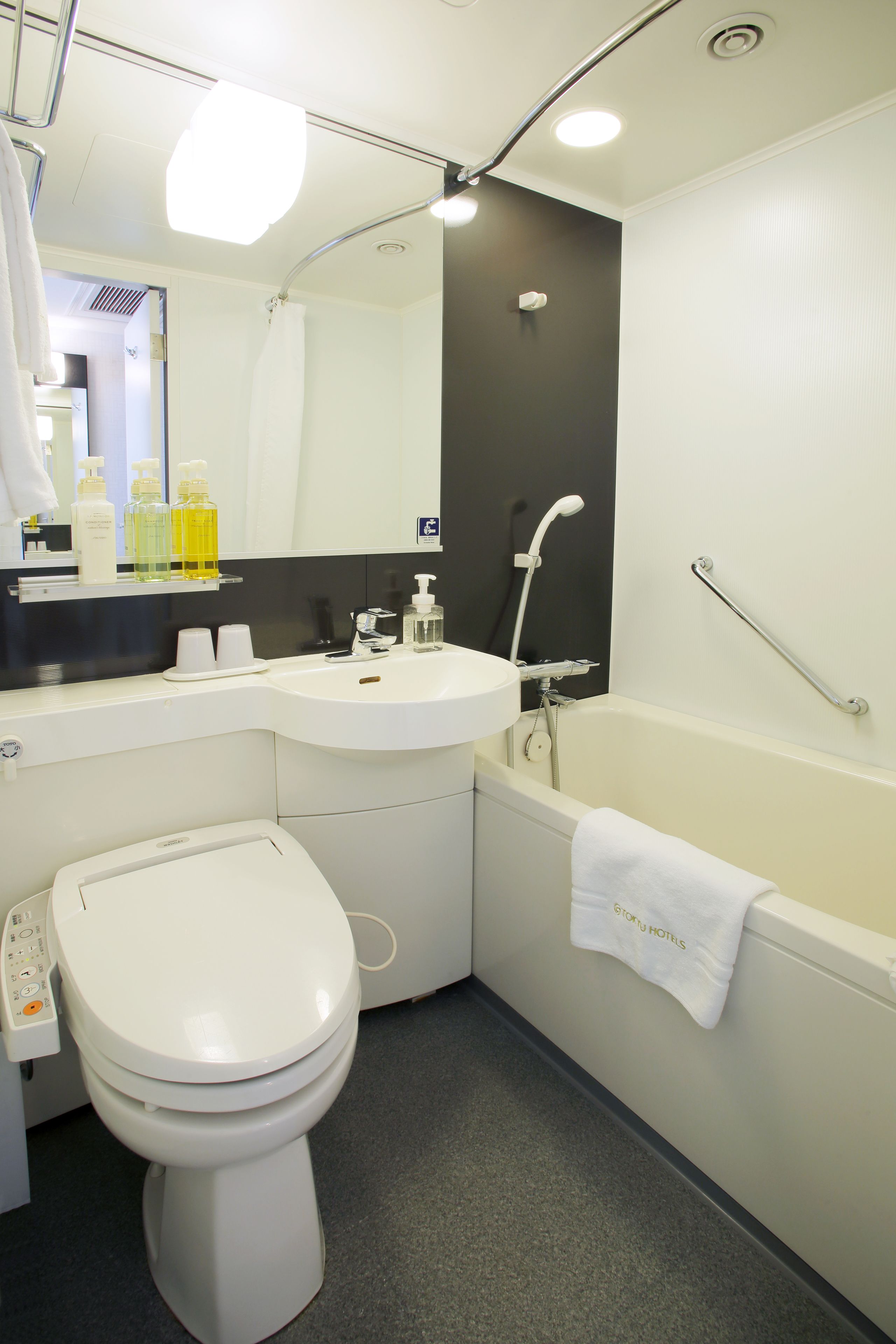 combined shower/bathtub, free toiletries, hair dryer, slippers