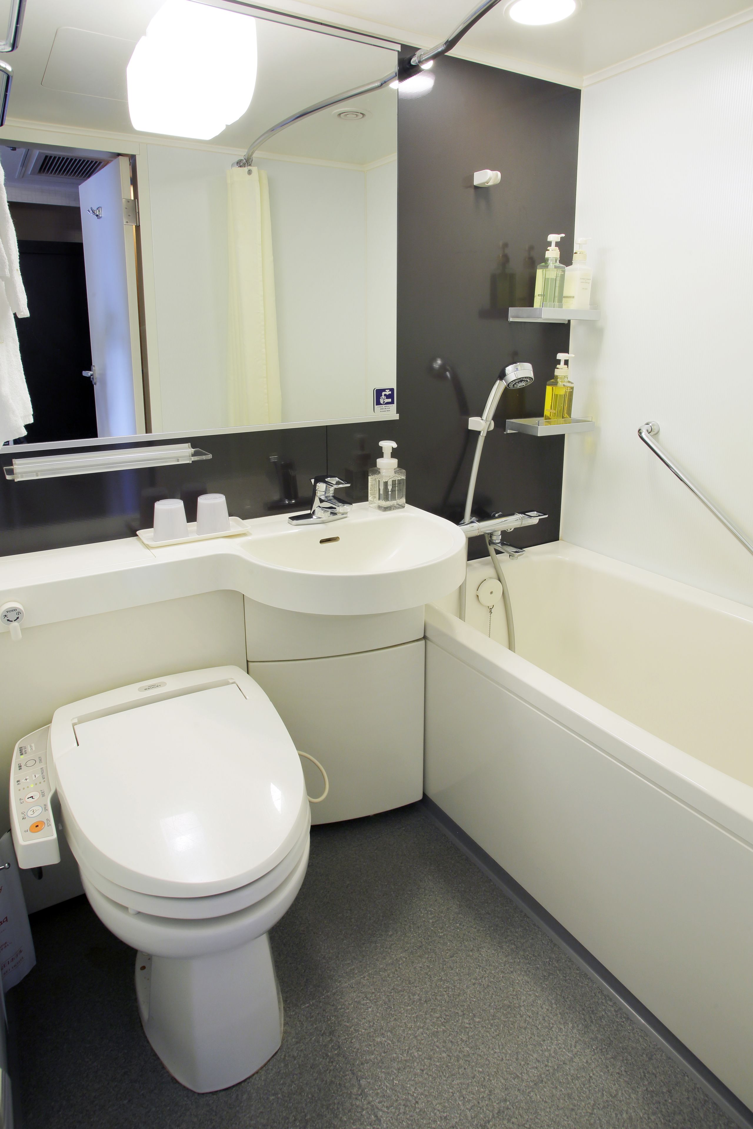 combined shower/bathtub, free toiletries, hair dryer, slippers