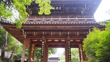 Un torii japonés tradicional con pilares de madera y techo de tejas, rodeado de exuberante follaje.