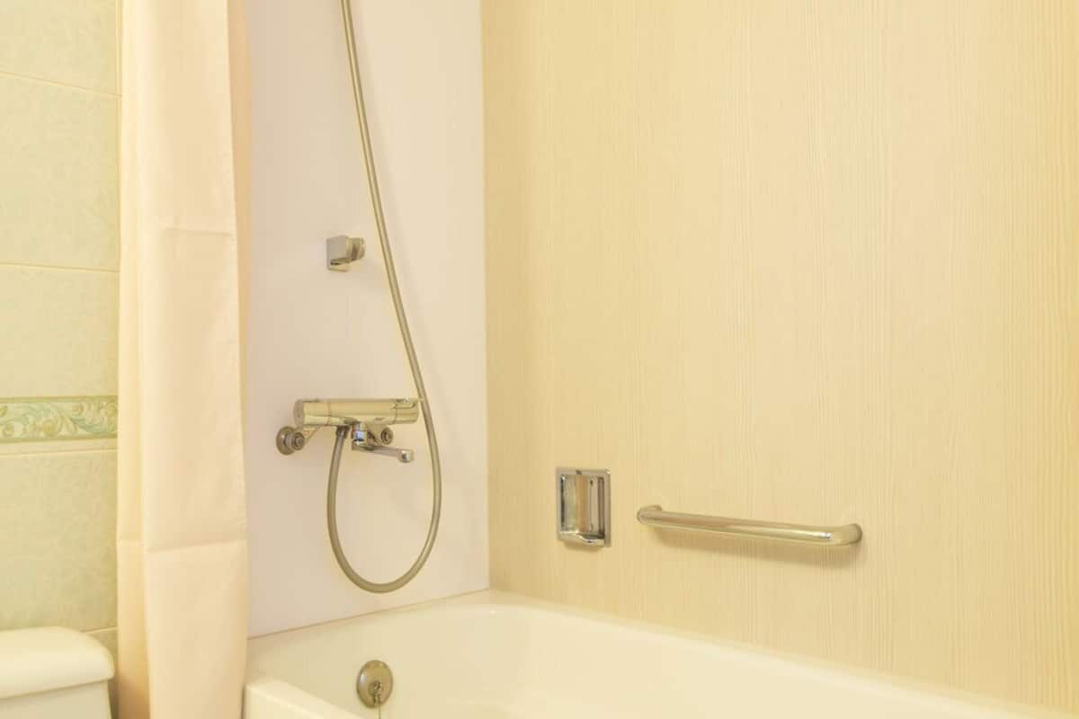 combined shower/bathtub, hair dryer, slippers, electronic bidet