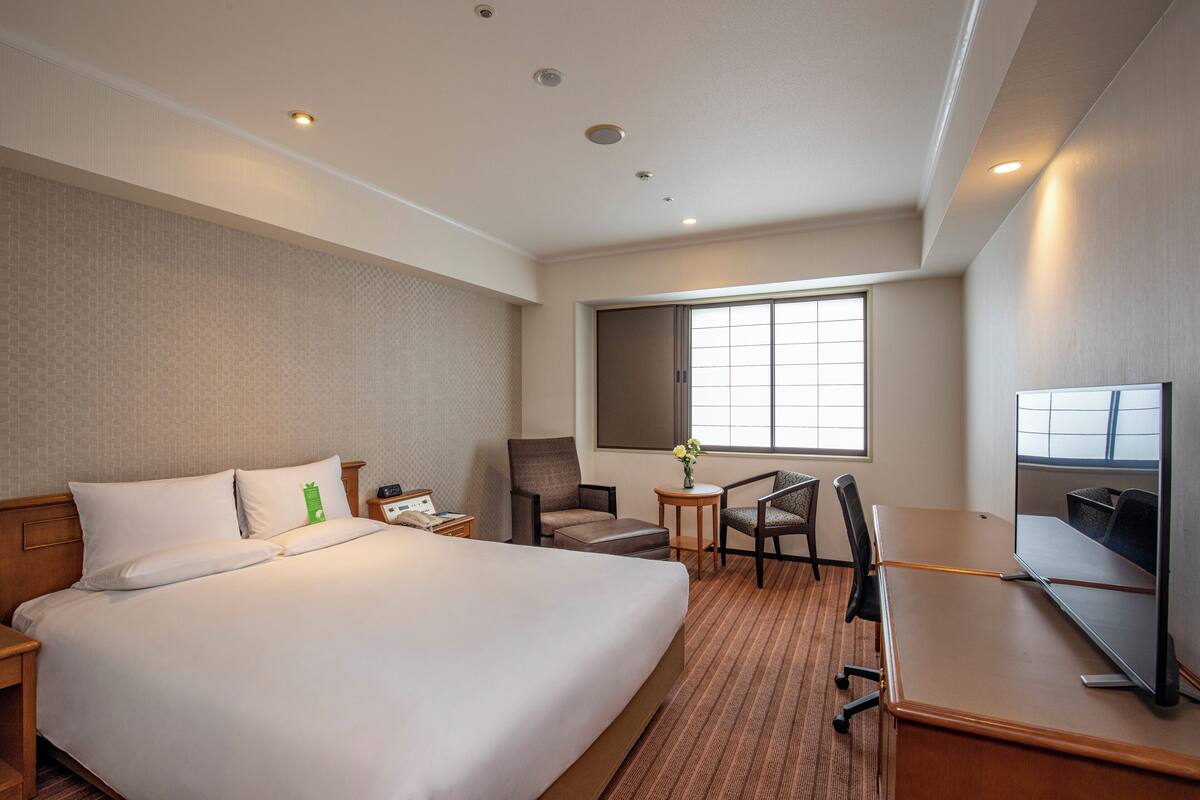 A hotel room with a large bed, a desk, a chair, a TV, and a window.