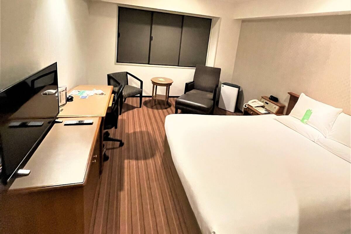 A hotel room with a bed, desk, chairs, a small table, a TV, and a wardrobe.