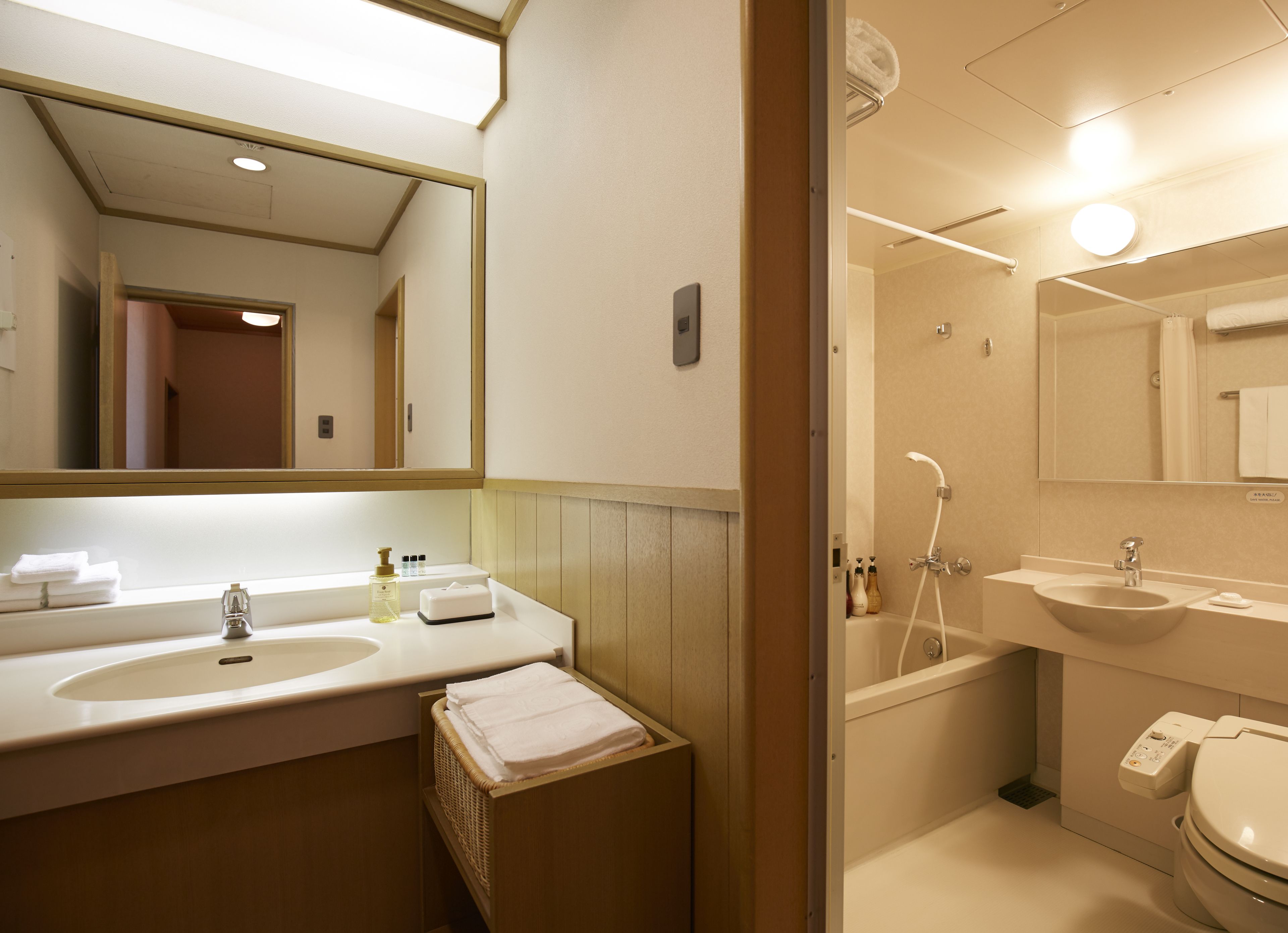 combined shower/bathtub, free toiletries, hair dryer, slippers