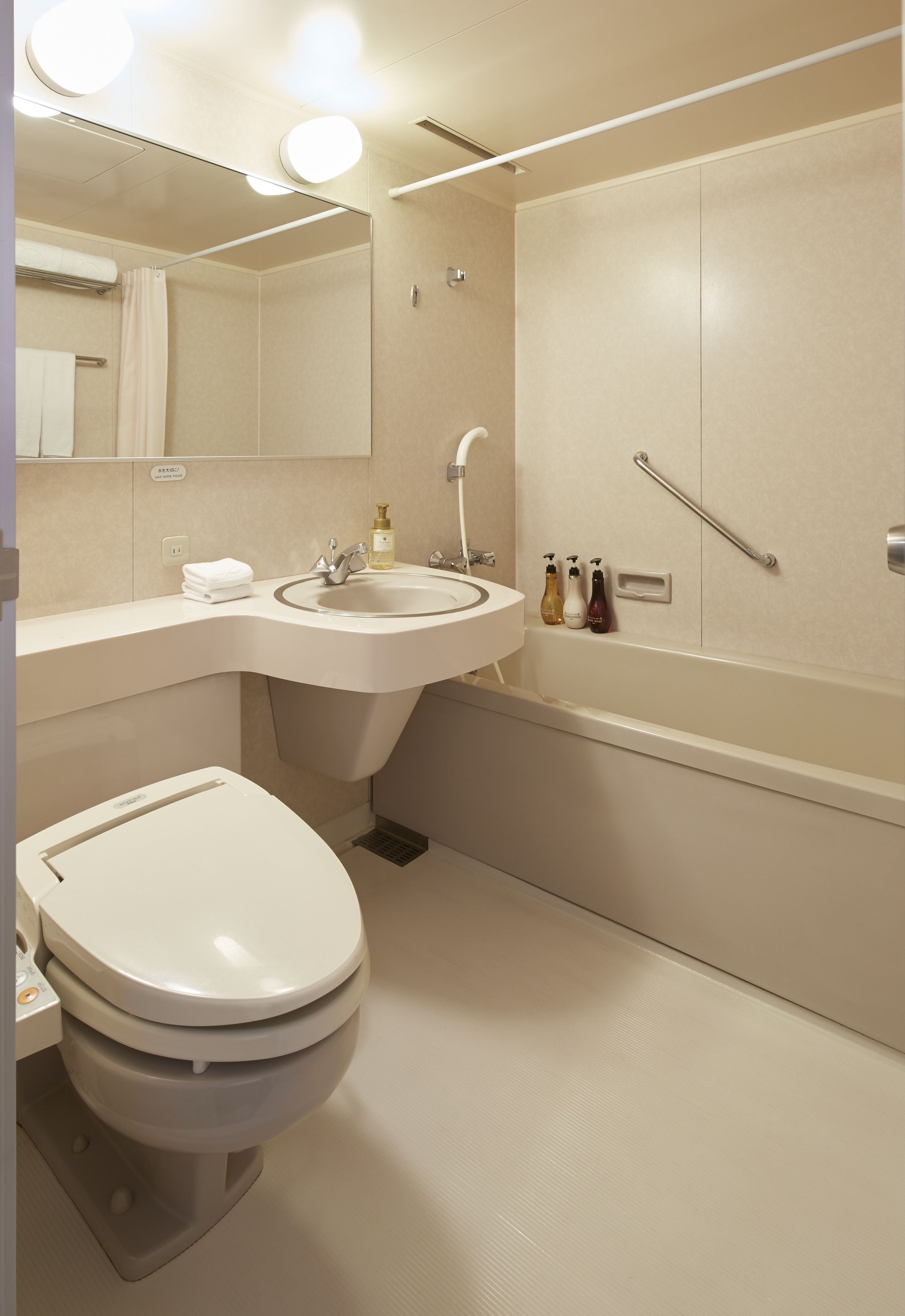 combined shower/bathtub, free toiletries, hair dryer, slippers