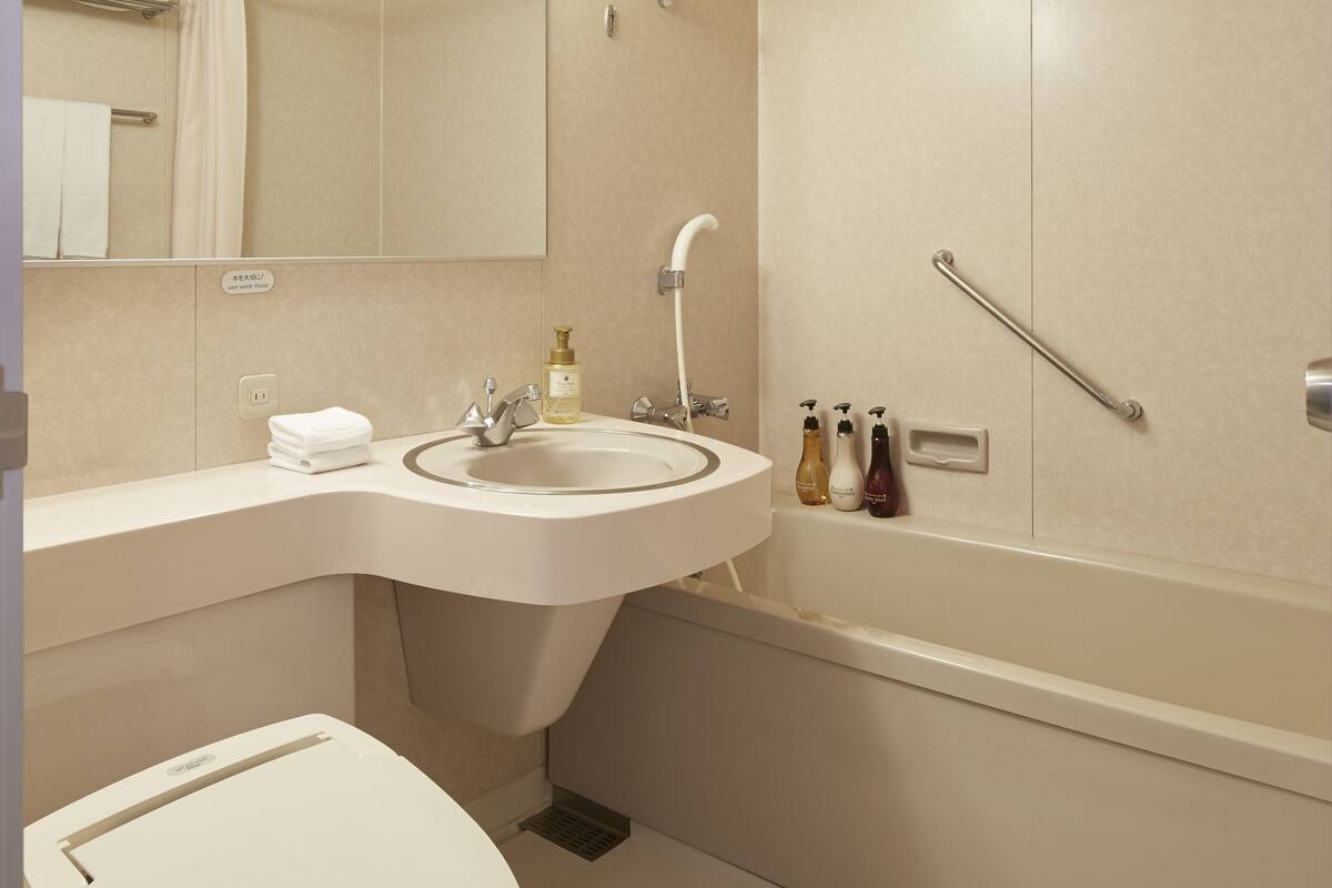 combined shower/bathtub, free toiletries, hair dryer, slippers