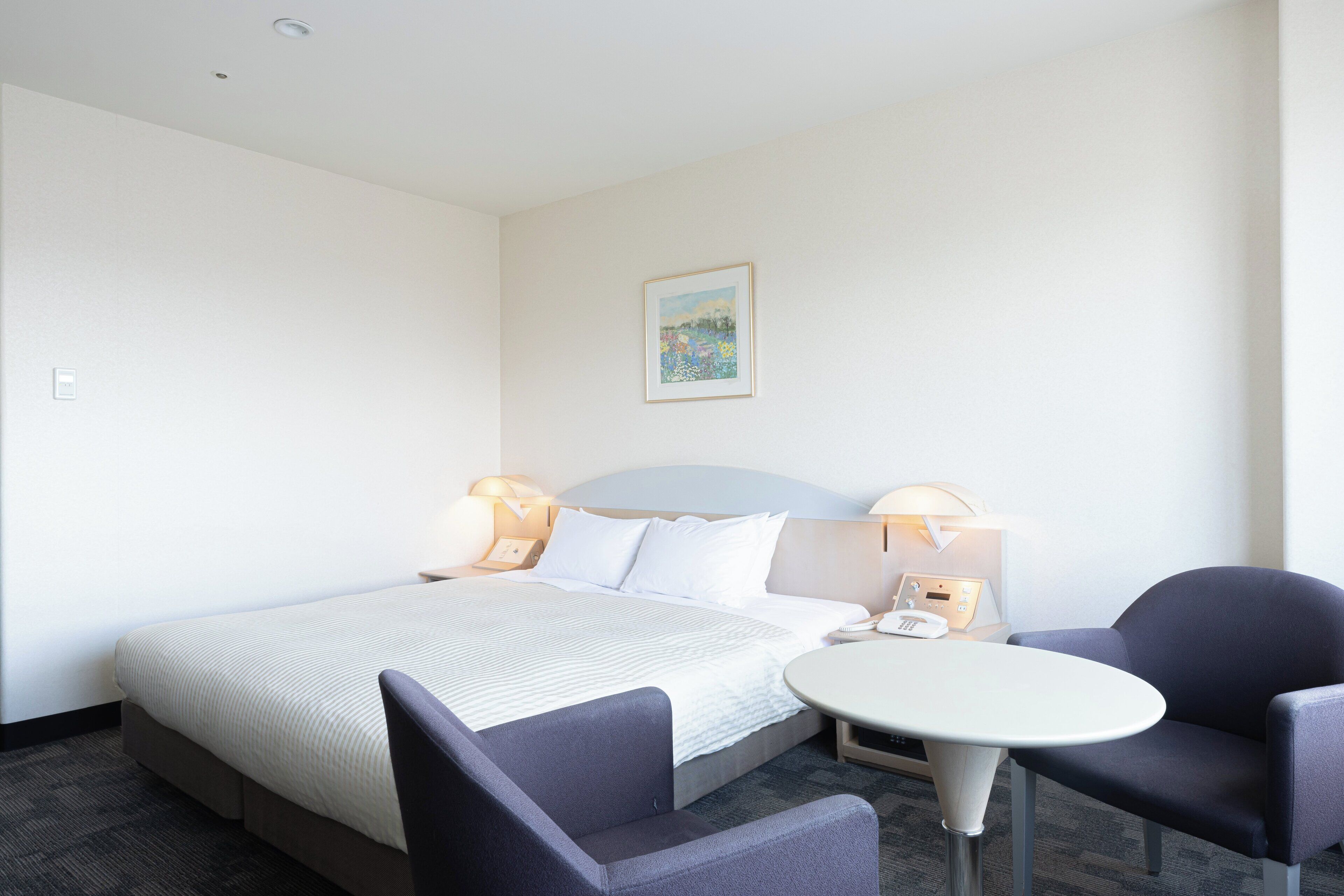 A hotel room with a bed, two bedside tables with lamps, a small round table, and two chairs.