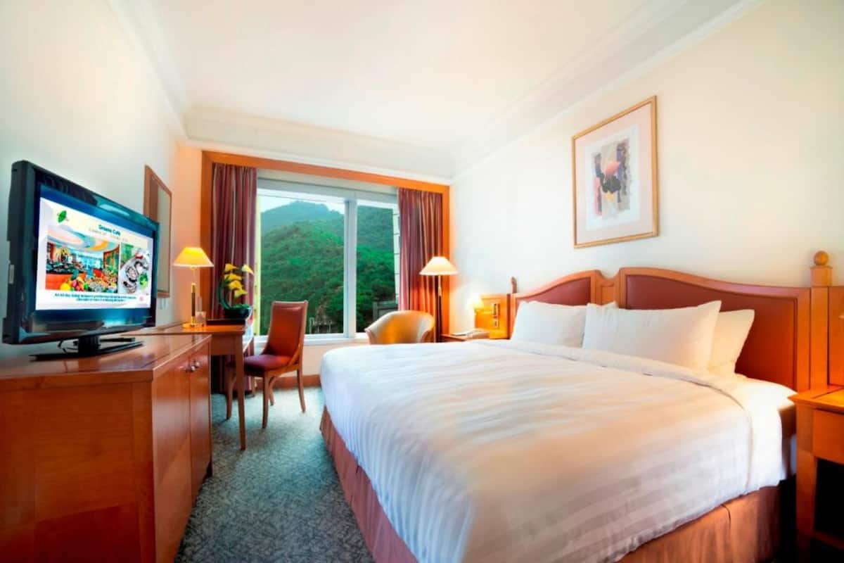 Een hotelkamer met een groot bed, een televisie, een bureau met stoel en een raam met gordijnen.
