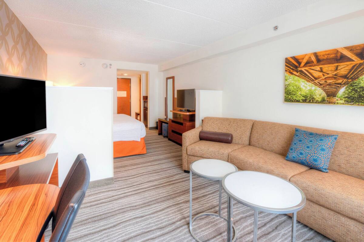 Habitación de hotel con cama, sofá, dos mesitas, televisor y un cuadro en la pared.