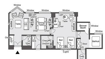 Plano de planta de una habitación de hotel con televisión, armario, dos baños y cabina de ducha, además de un área de comedor.