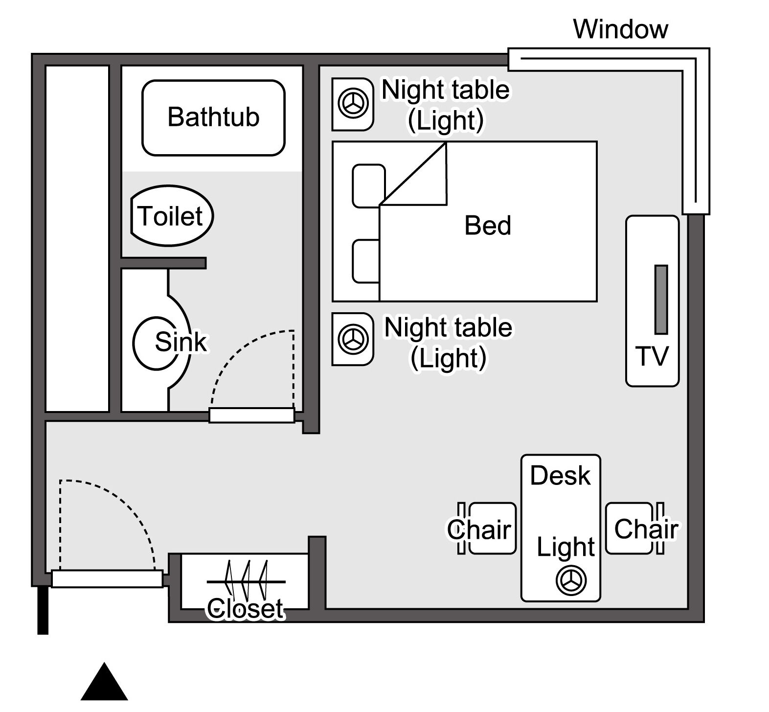 A room layout with a bed, night tables, a desk, chairs, a TV, a closet, a sink, a toilet, and a bathtub.