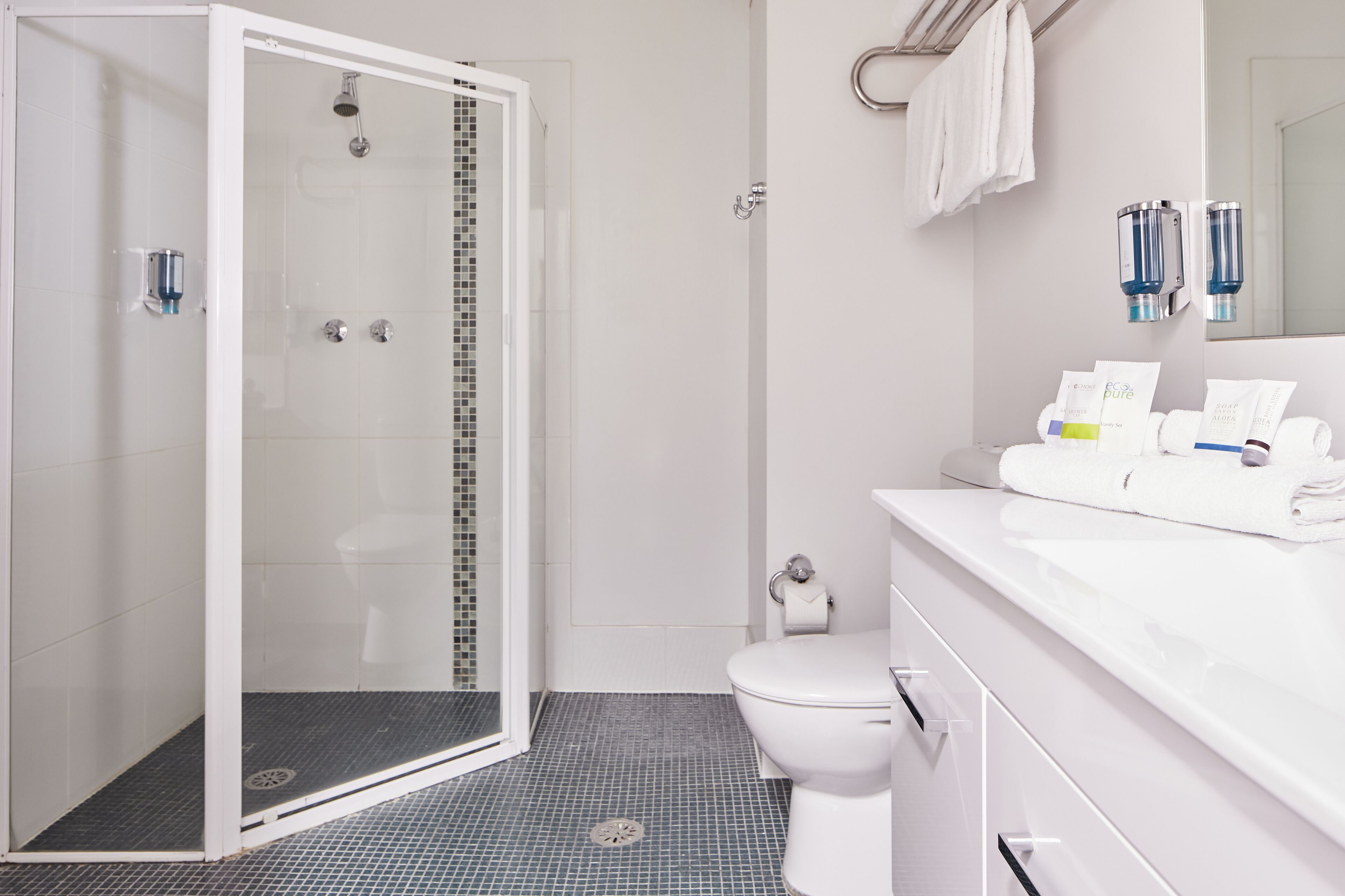 A modern bathroom with a glass-enclosed shower, a white toilet, and a sink with toiletries.