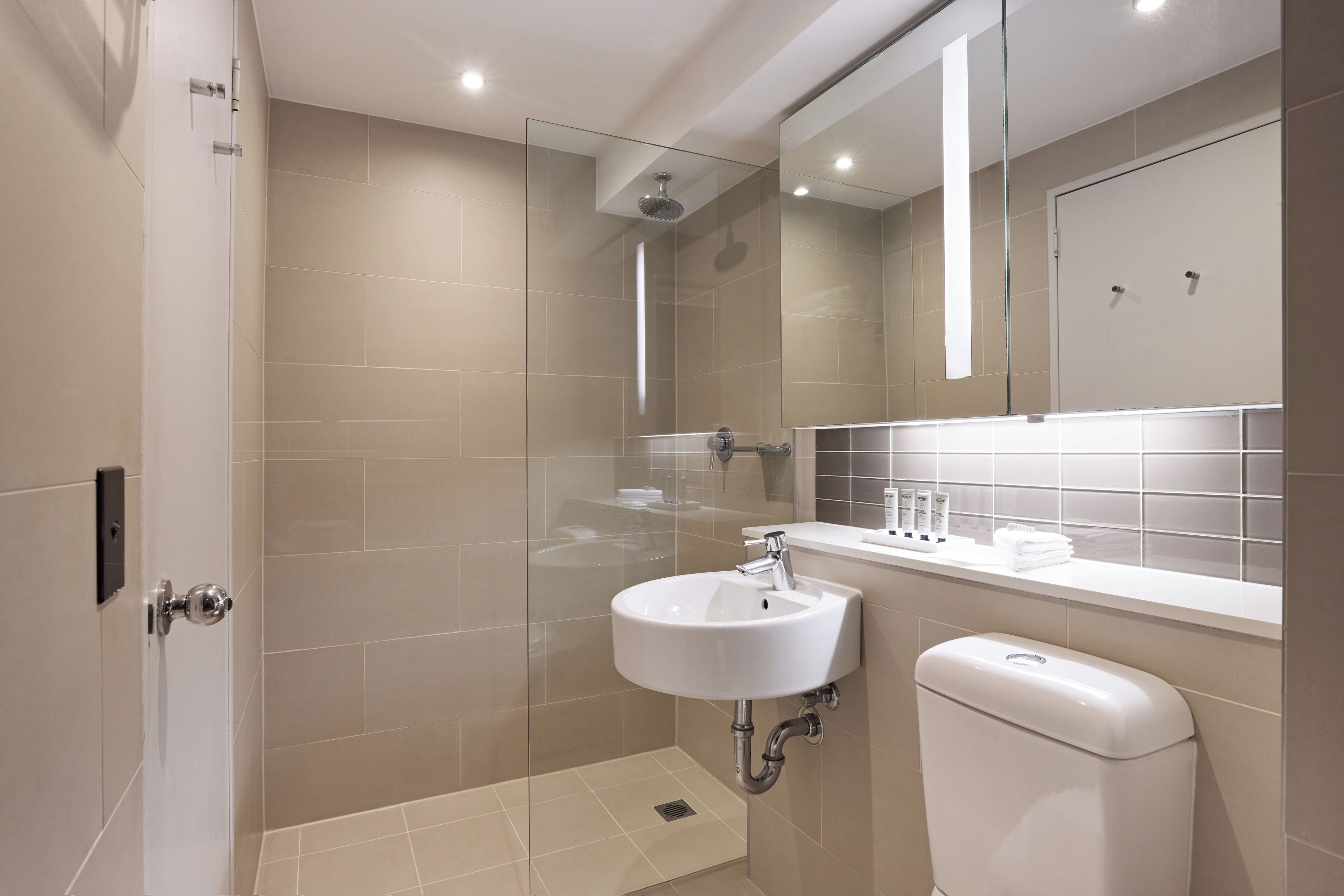 A modern bathroom with a glass shower enclosure, a white sink, and a toilet.