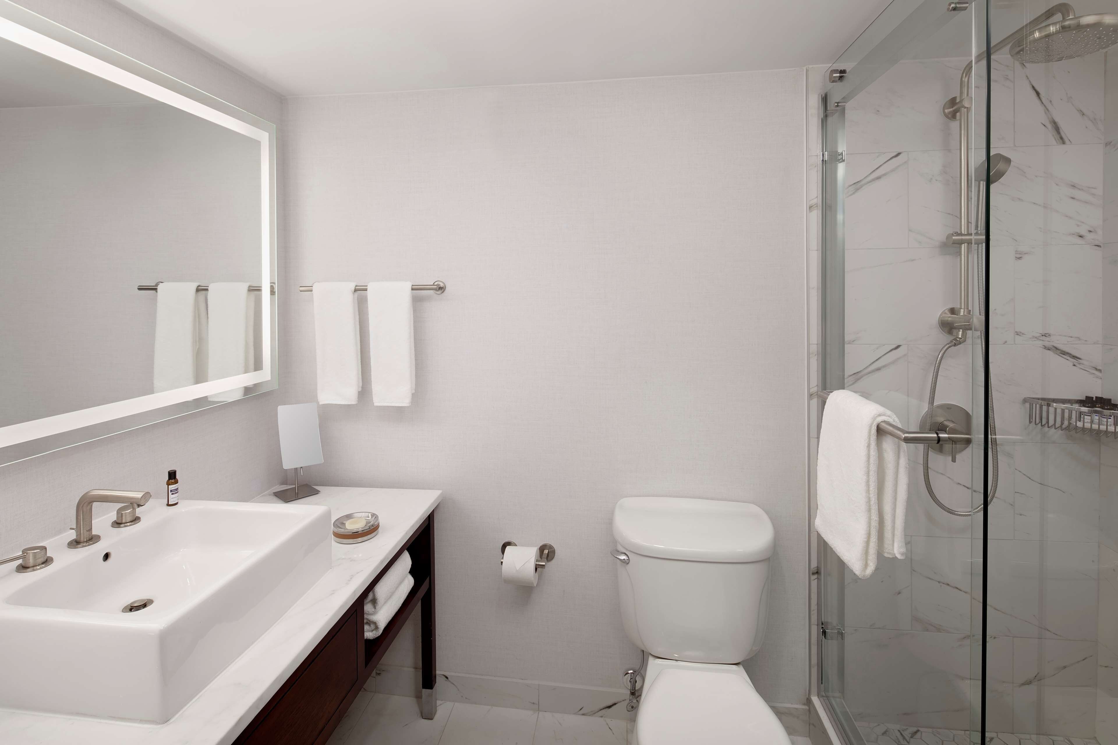 combined shower/bathtub, hair dryer, towels